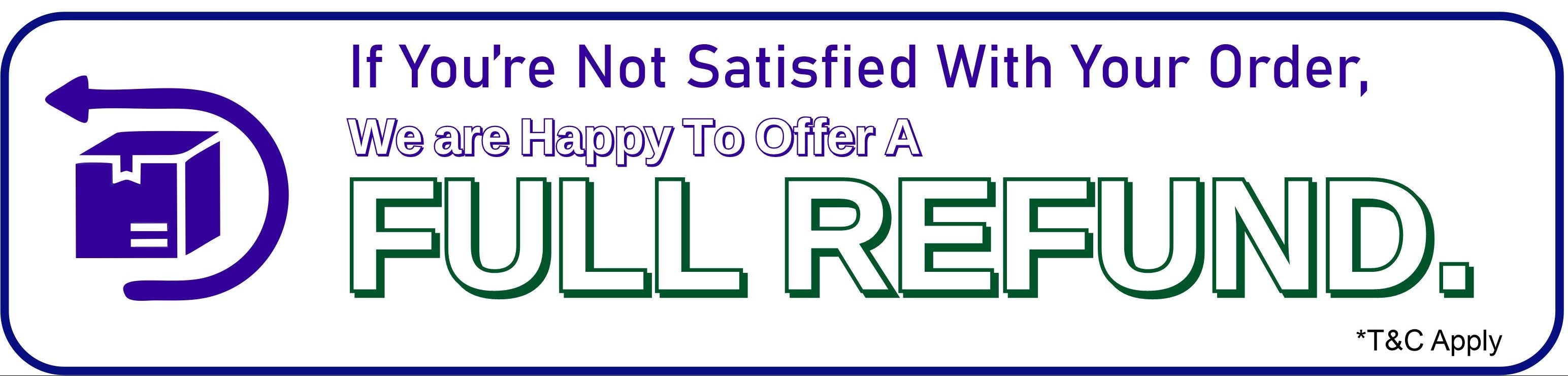 Promotional graphic with certification logos, product authenticity claims, and a refund offer on a white background.